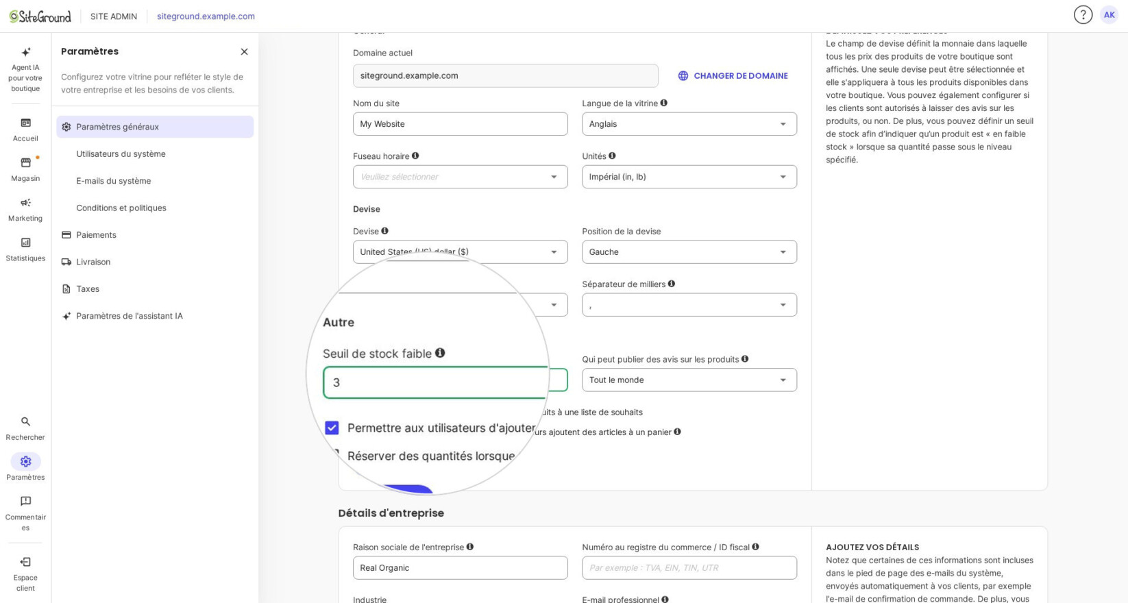 Définition et enregistrement d'un seuil de stock bas dans SiteGround Ecommerce