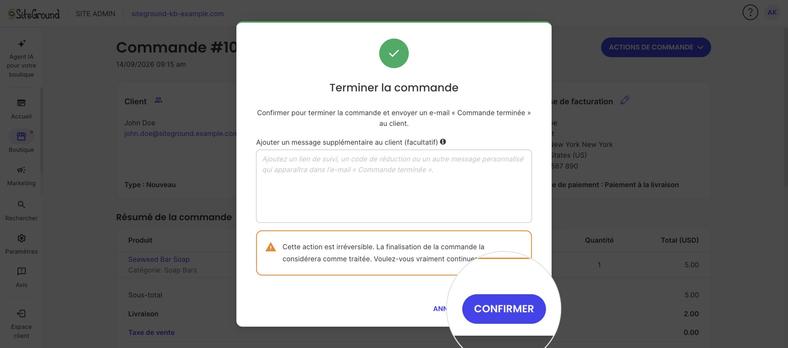 La boîte de dialogue Terminer la commande indiquant qu'elle sera marquée comme honorée, avec Confirmer.