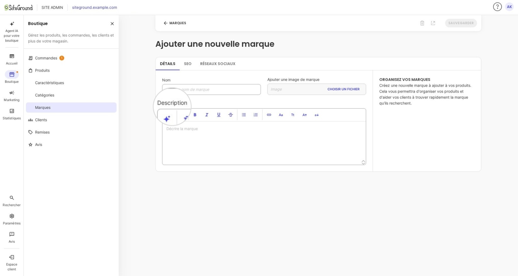 Description de marque dans un éditeur de marque