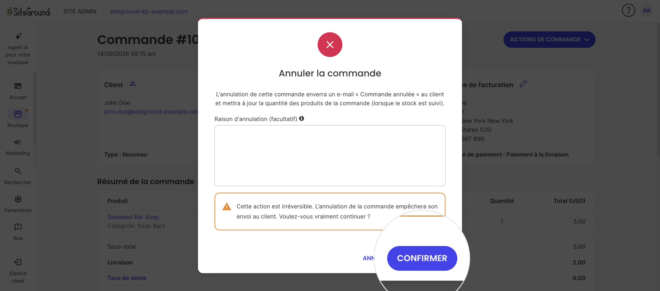 La boîte de dialogue Annuler la commande avertissant que l'action est irréversible, avec Confirmer.