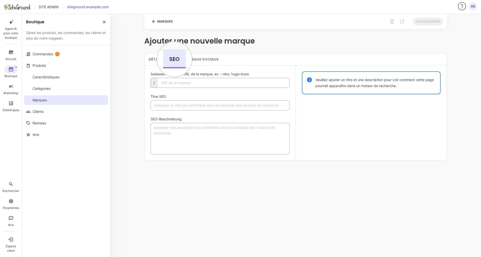 Paramètres de référencement de marque dans SiteGround Ecommerce