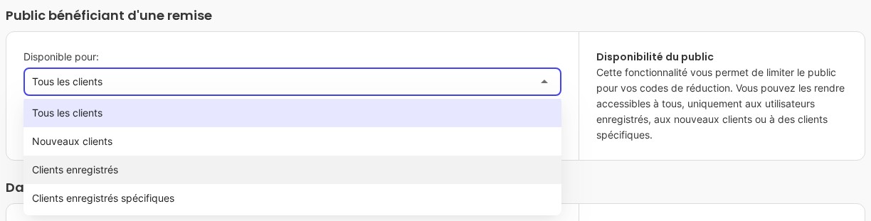 La section Public bénéficiant d'une remise, menu Disponible pour ouvert sur les quatre options de clients.
