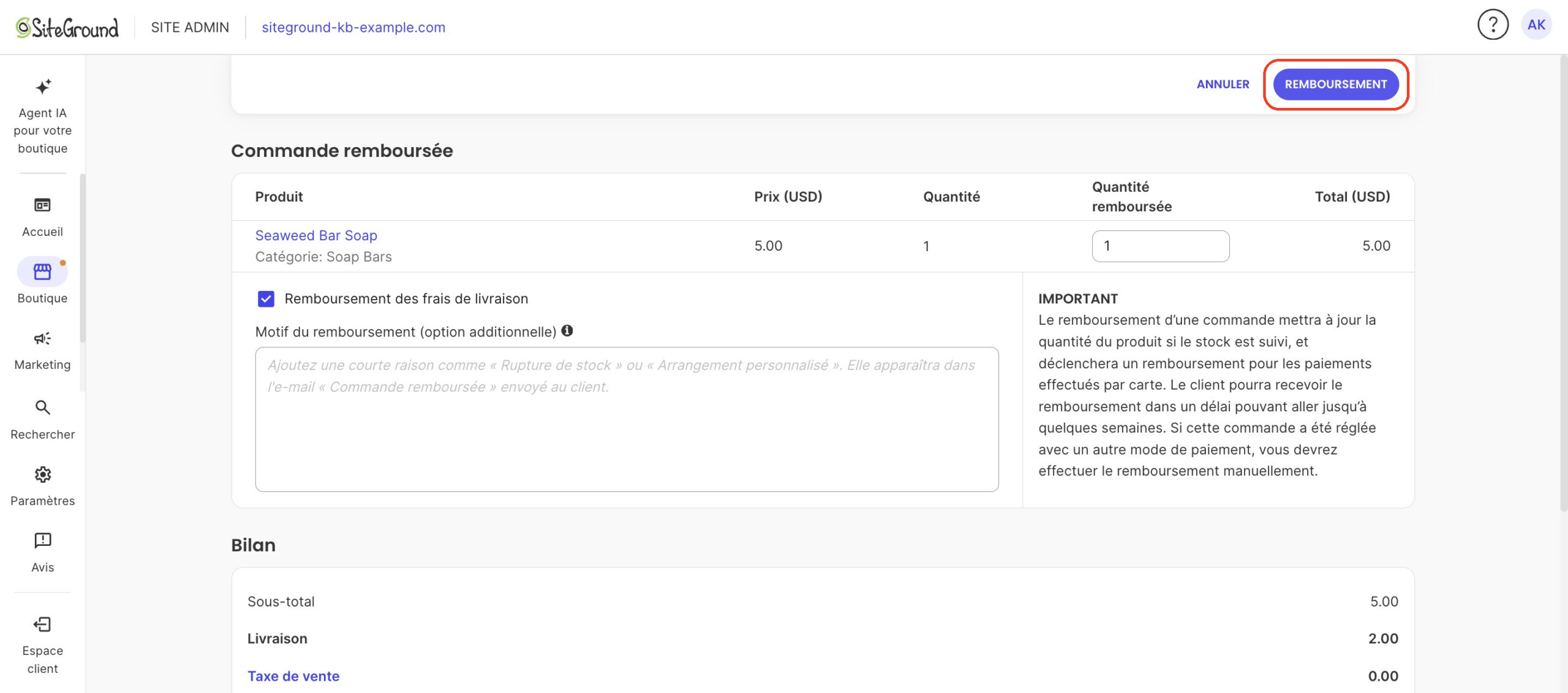 La page Rembourser la commande avec les champs quantité et motif, et le bouton Remboursement mis en évidence.