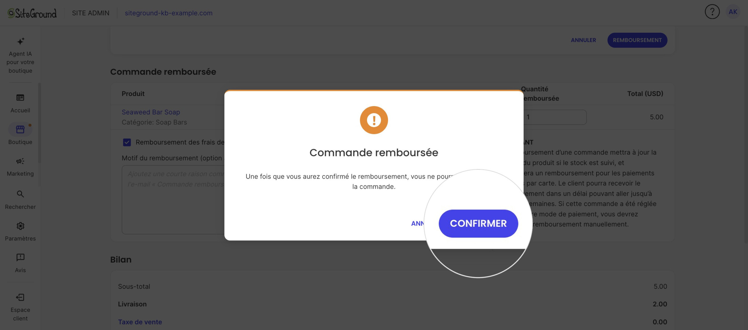 La boîte de dialogue d'avertissement indiquant que le remboursement est irréversible, avec Confirmer.