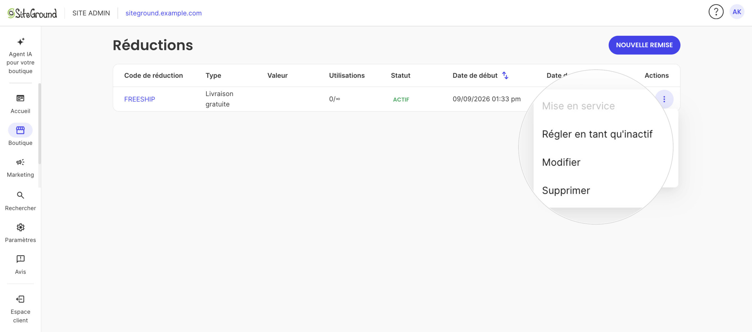 L'elenco Sconti con lo sconto FREESHIP e il menu Azioni aperto: Attivo/Inattivo, Modifica, Elimina.