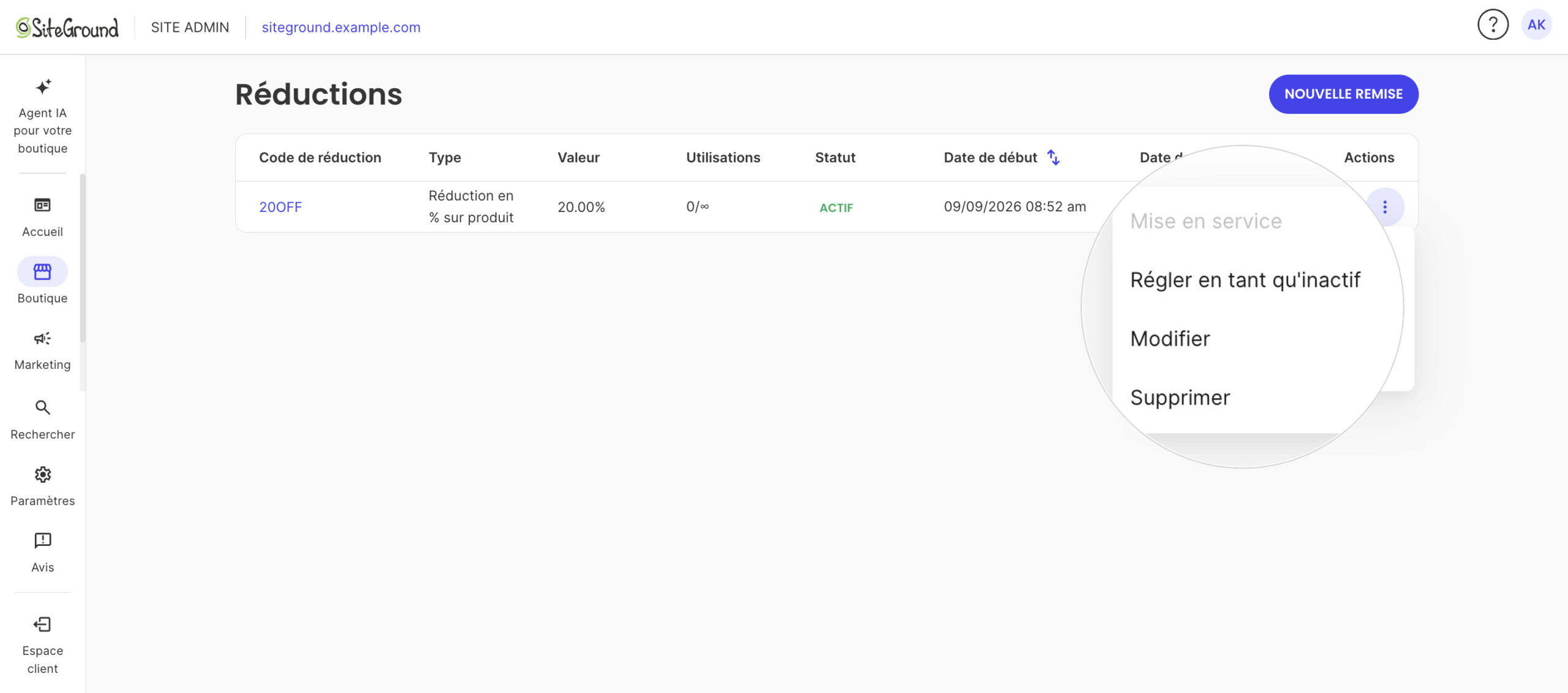 La liste des Réductions avec la remise 20OFF et son menu Actions ouvert : Mise en service, inactif, Modifier.