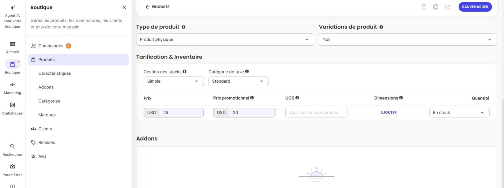 Paramètres de tarification et d'inventaire pour un nouveau produit