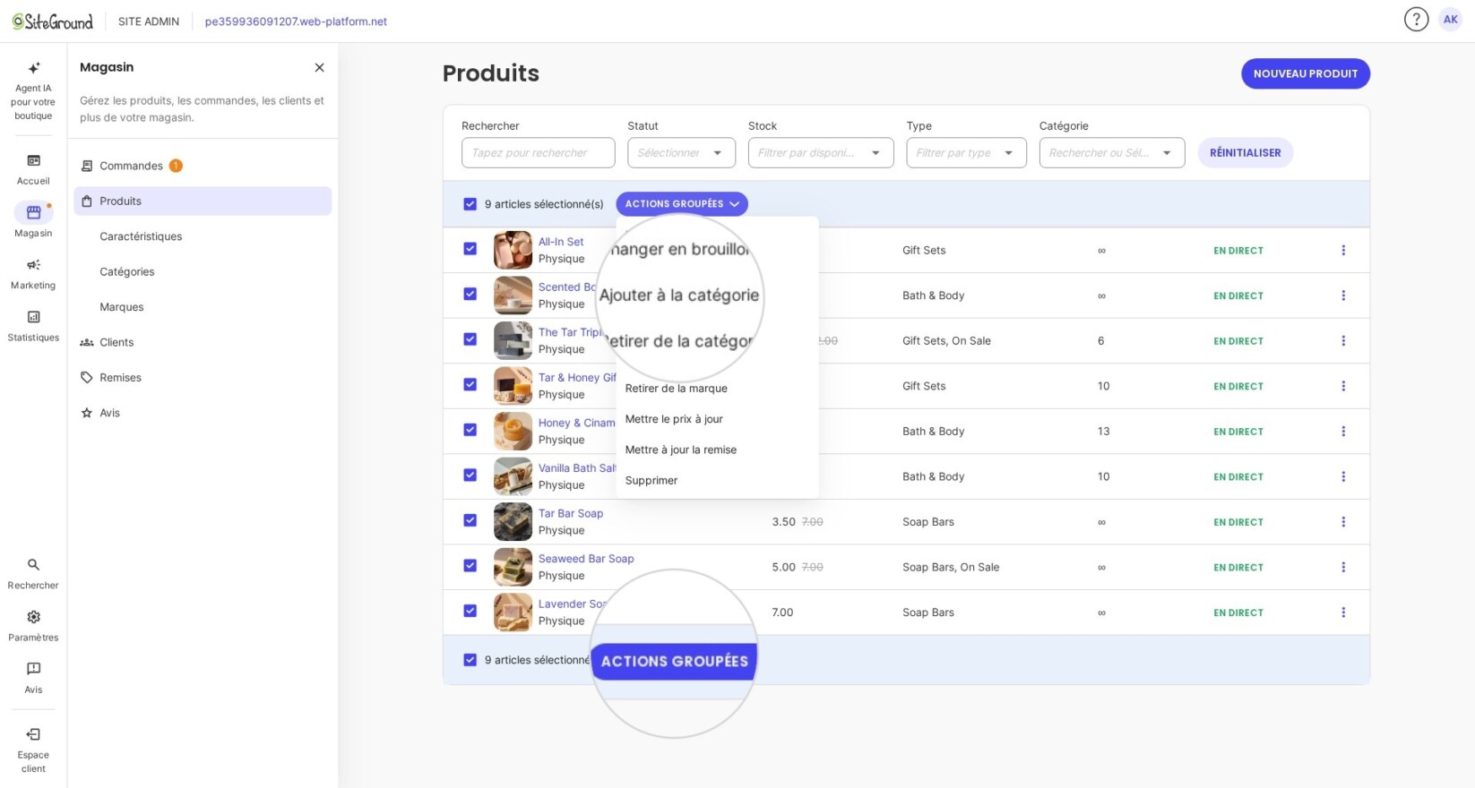 Ajout de plusieurs produits à une catégorie dans SiteGround Ecommerce
