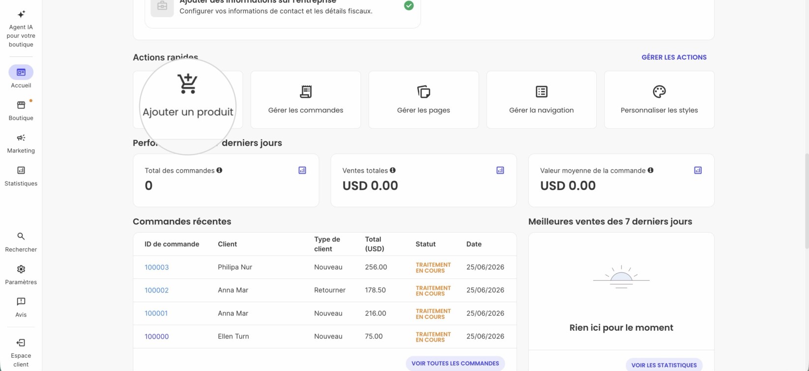 Actions rapides ajouter produit