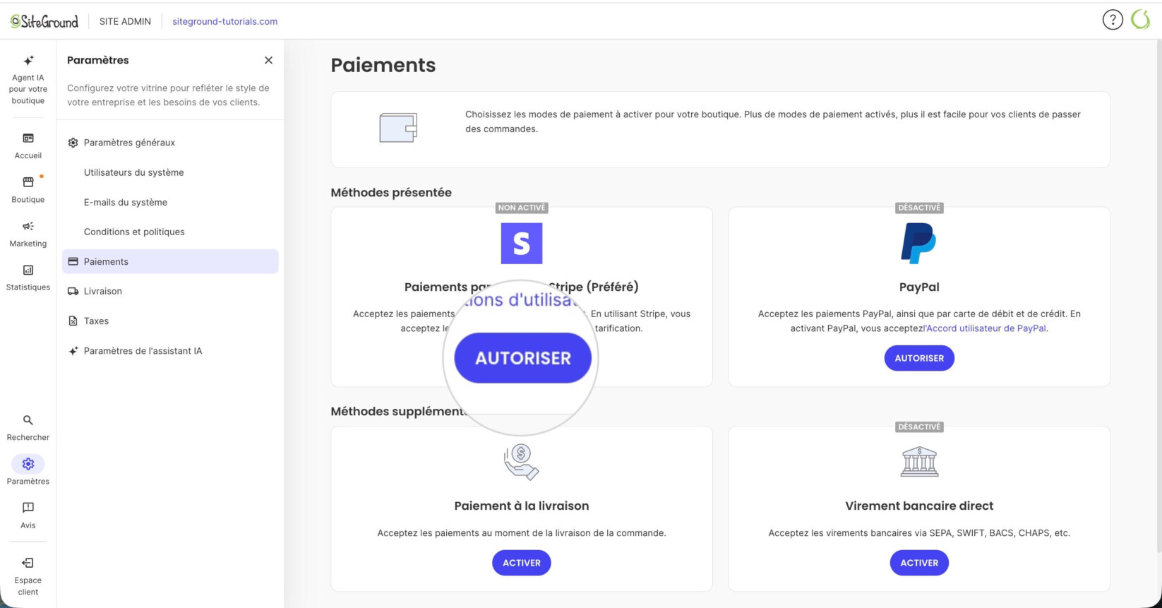 Bouton Autoriser pour connecter Stripe à SiteGround Ecommerce