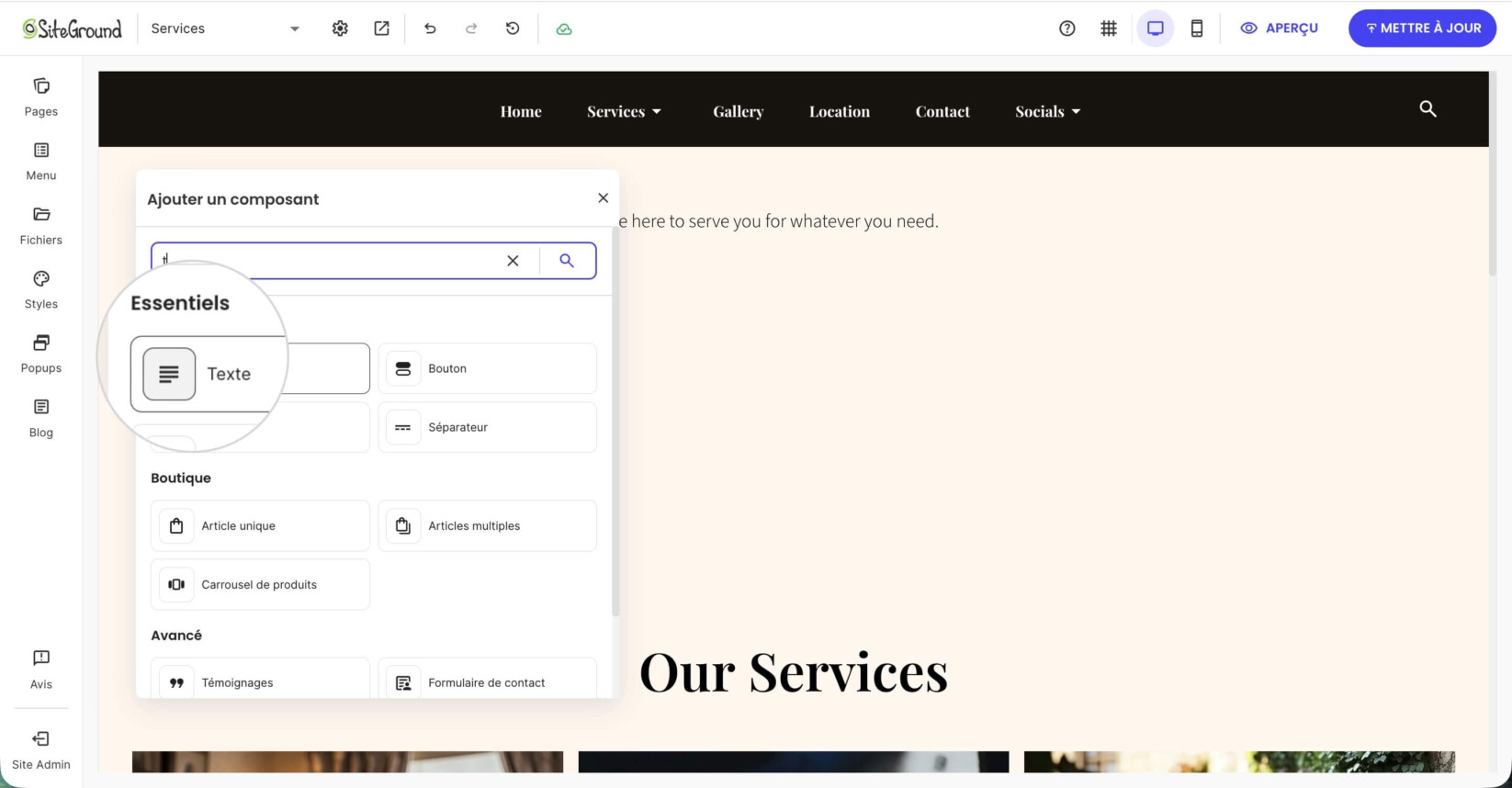 Le menu Ajouter un composant avec l'élément Texte sélectionné pour placement sur une page.
