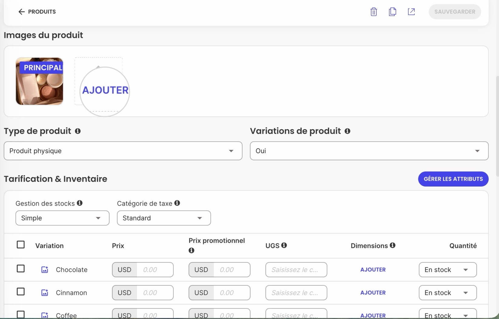 Bouton Ajouter pour ajouter des images à un produit