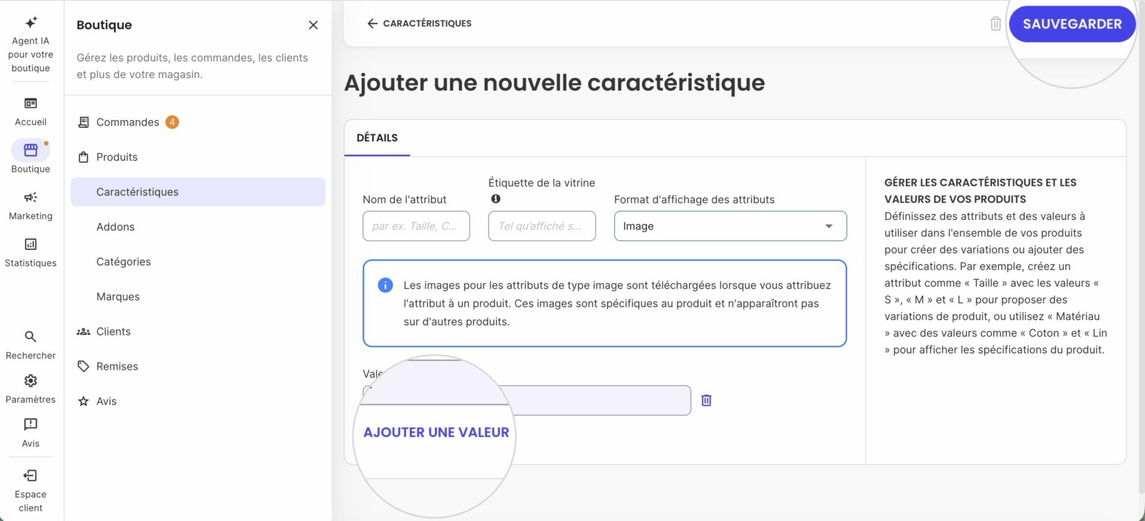 Bouton Ajouter une valeur pour ajouter des valeurs supplémentaires lors de la création d'un attribut et bouton Enregistrer pour confirmer l'attribut