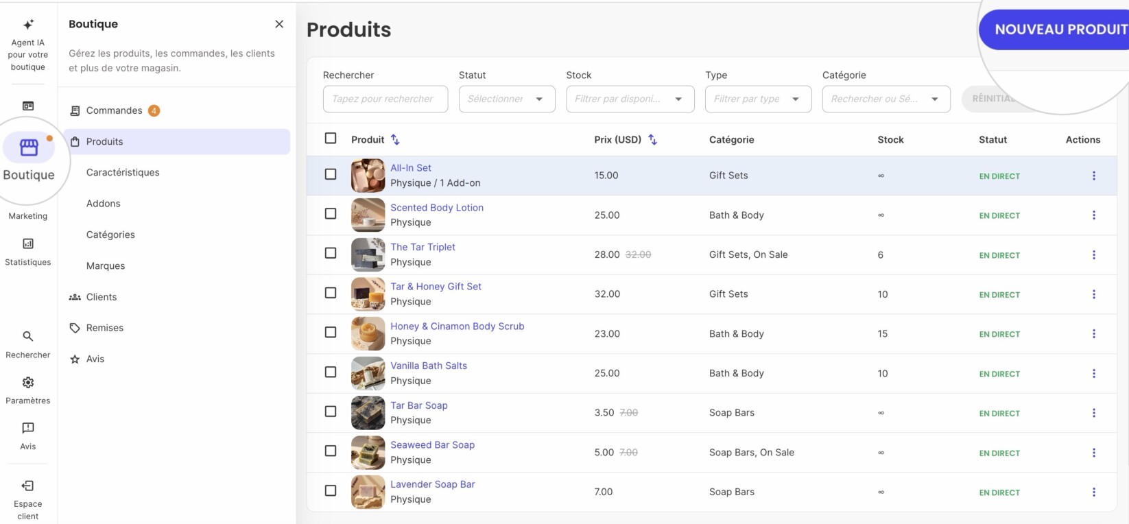 Bouton Nouveau produit dans la section Produits de SiteGround Ecommerce