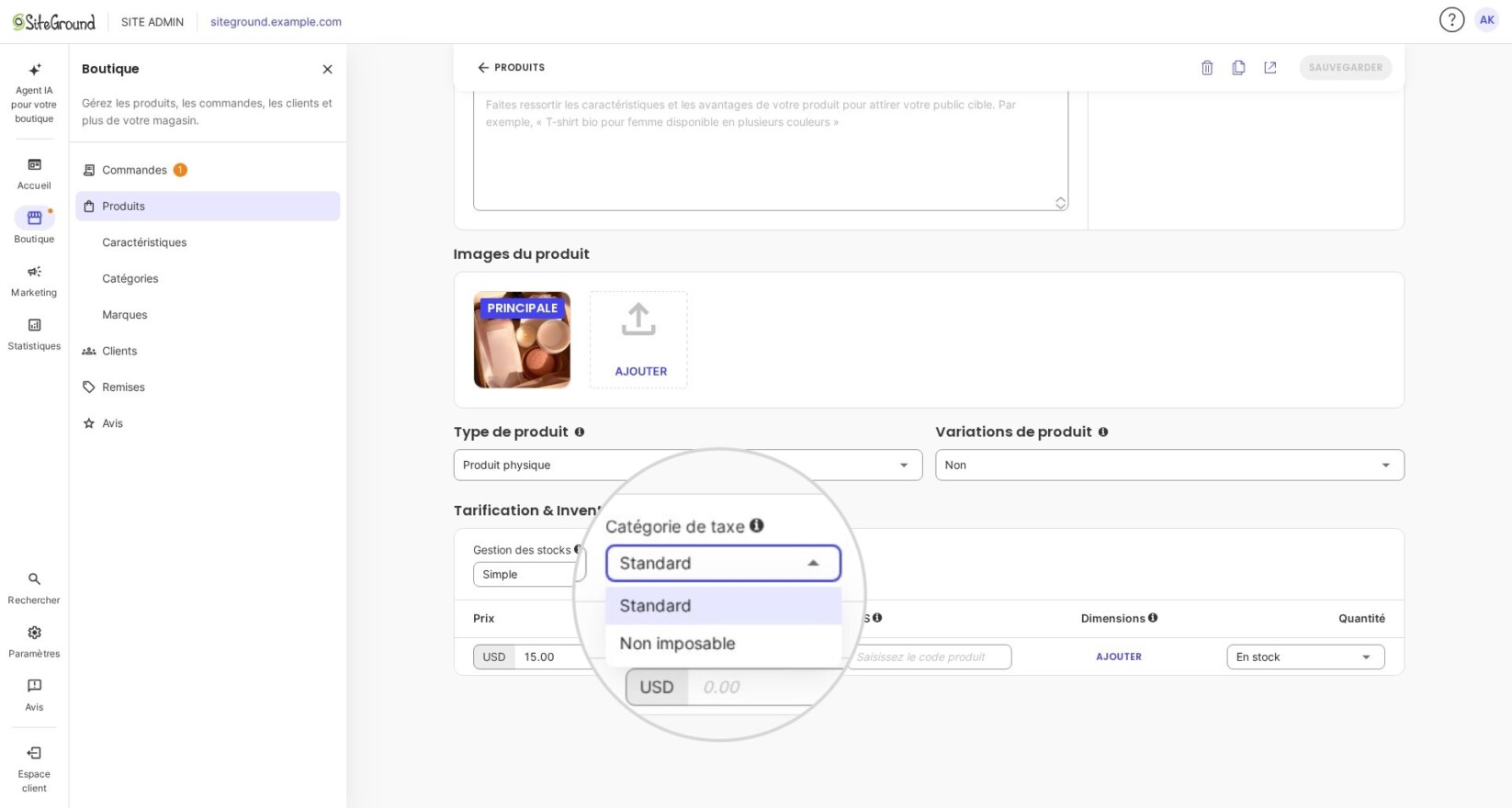 Capture d’écran du tableau de bord SiteGround Ecommerce où de nouveaux produits peuvent être ajoutés. Le menu 'Type de taxe' est mis en évidence, permettant à l’utilisateur de définir la taxation du produit comme Standard ou Non imposable