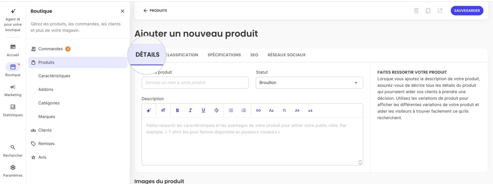 Description et nom dans la page d'un nouveau produit