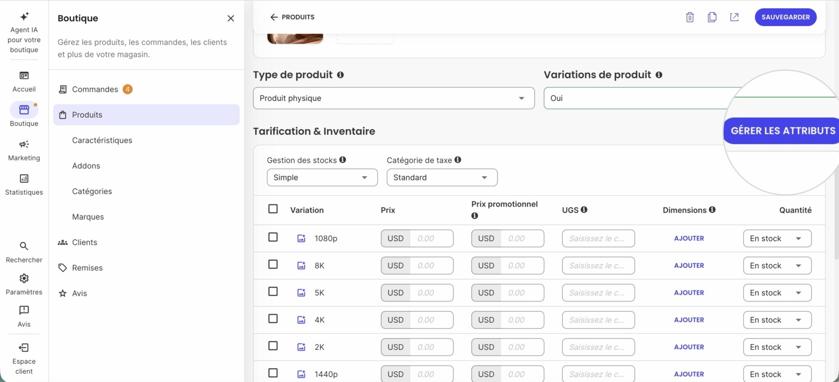 Bouton Gérer les attributs dans un éditeur de produit dans Ecommerce