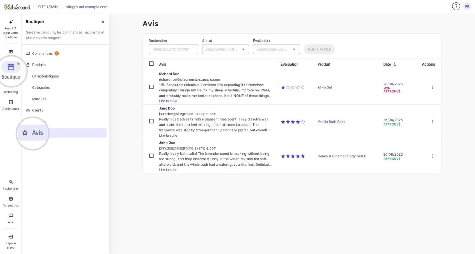 Page des avis produits dans le gestionnaire de boutique affichant une liste d'avis