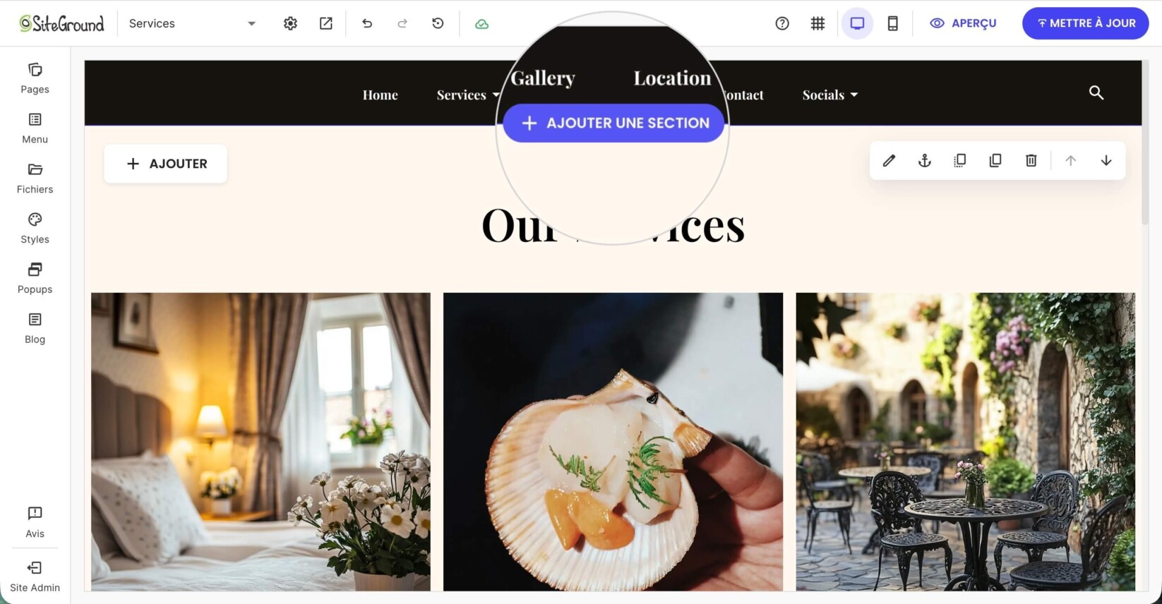 Sélection de l'option pour ajouter une nouvelle section à la page Services dans le constructeur.