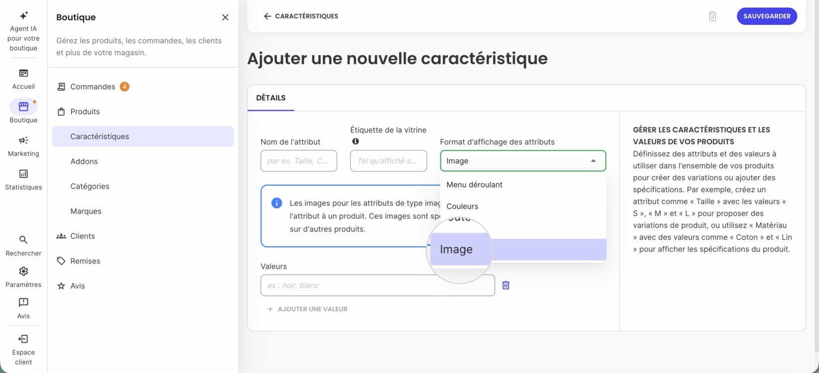Menu Format d'affichage des attributs pour ajouter un nouvel attribut dans Ecommerce où le type Image est sélectionné