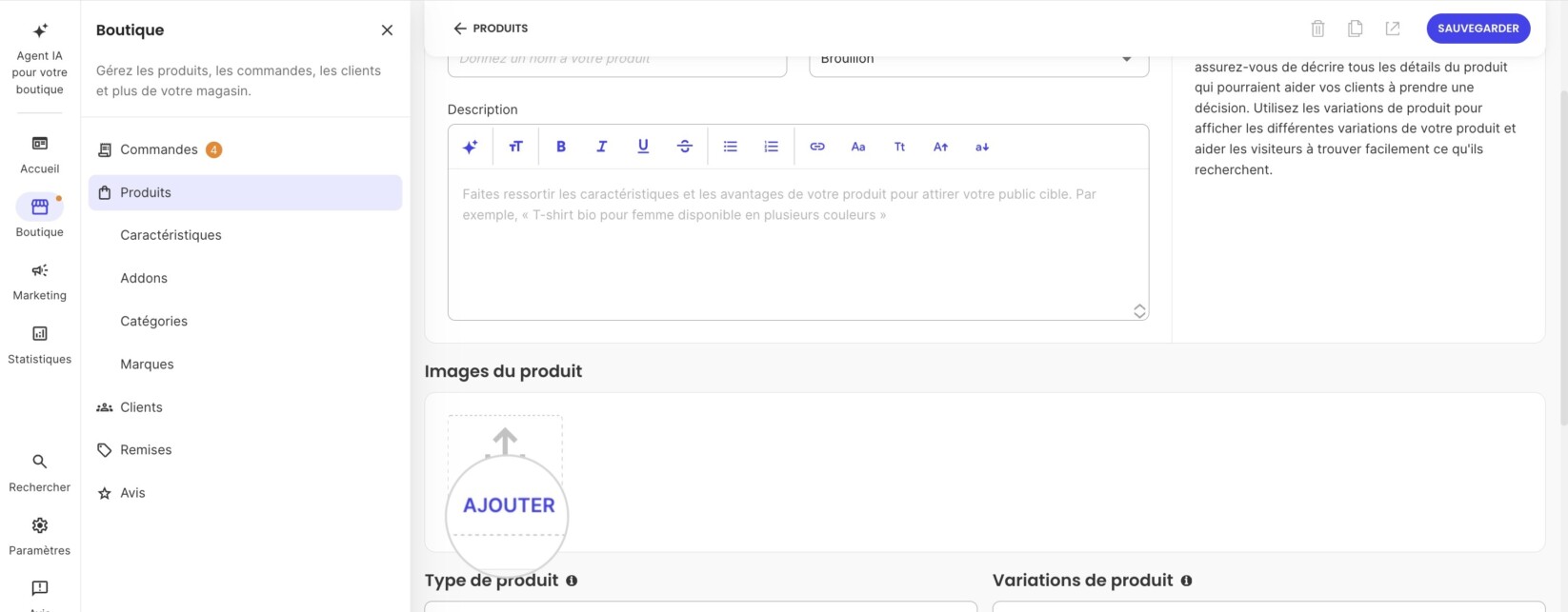Bouton pour ajouter des images à un nouveau produit