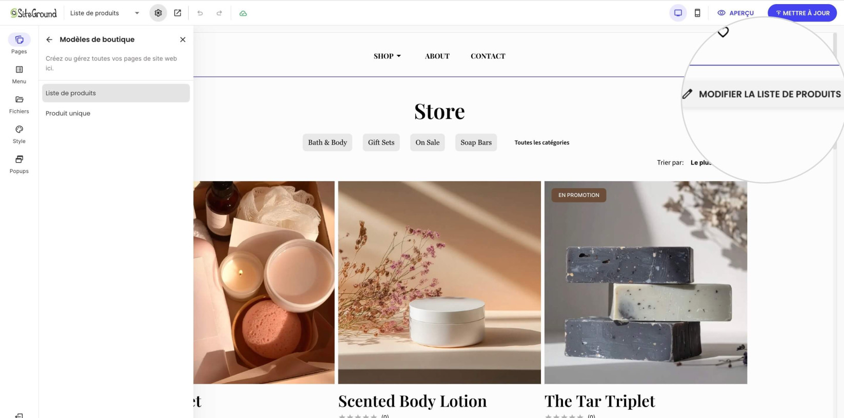 Bouton Modifier la Liste de Produits dans Website Builder pour personnaliser la page de liste de produits