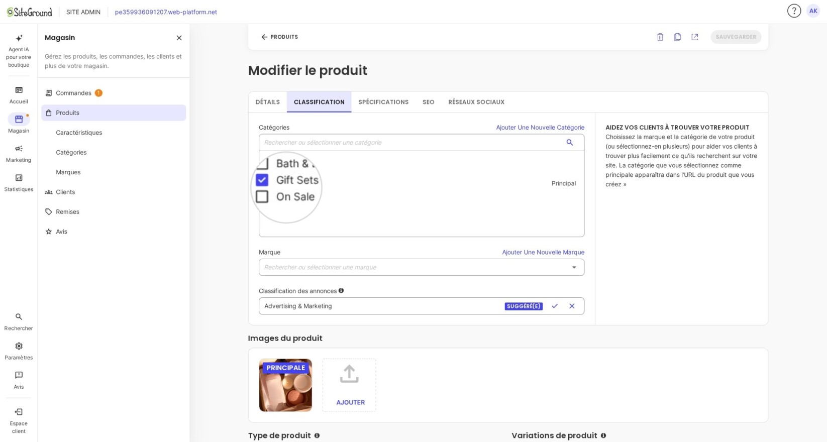 Sélection d'une catégorie de produit dans SiteGround Ecommerce