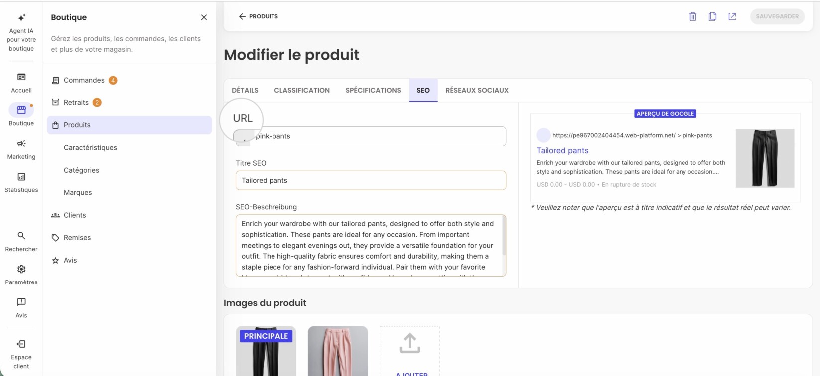 Section des paramètres SEO du produit dans SiteGround Ecommerce