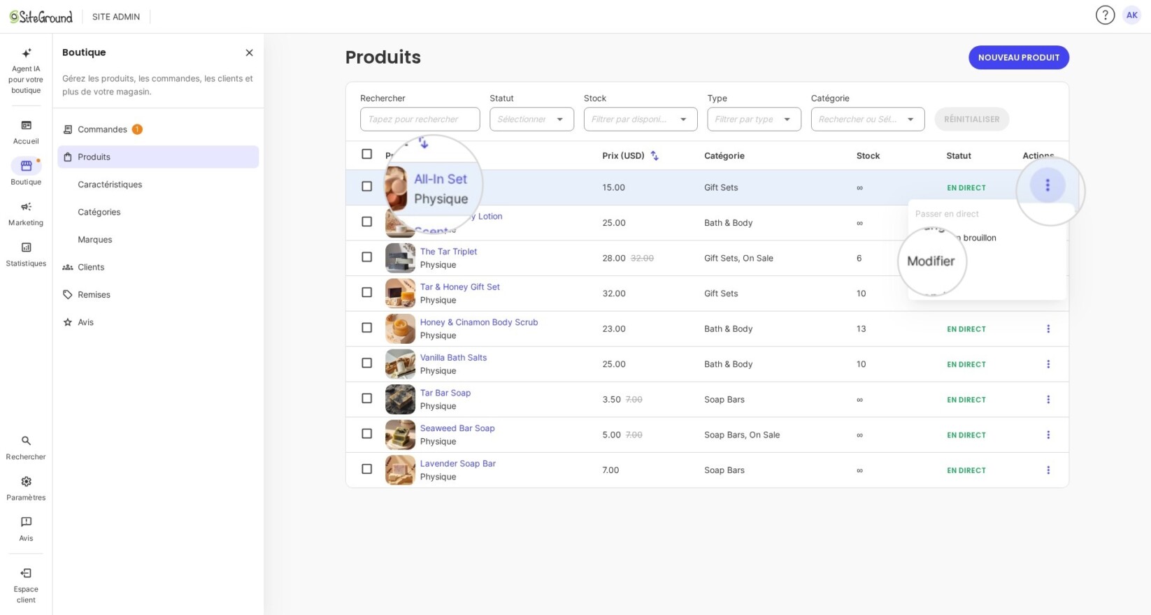 Sur la page Produits, sélectionnez le produit et cliquez sur le menu à trois points à côté. Ensuite, appuyez sur Modifier.