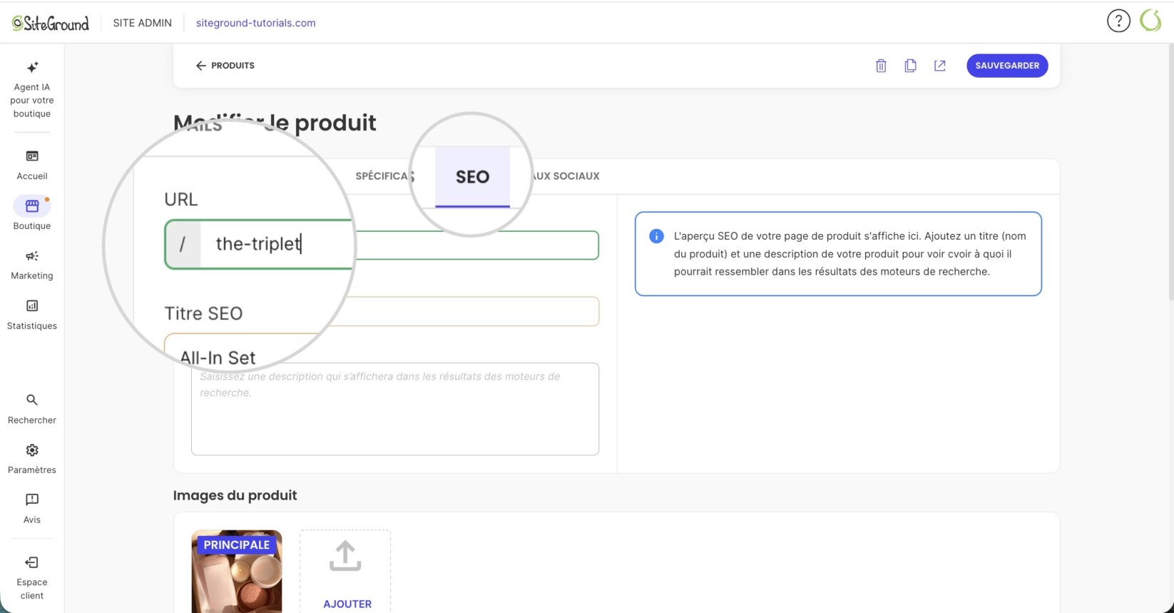 Onglet SEO du gestionnaire de boutique affichant le champ pour modifier l’URL d’un produit