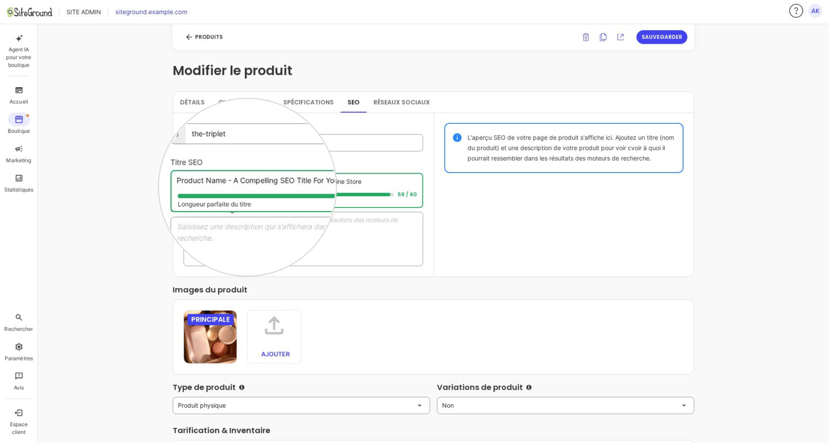 Champ de modification du titre SEO d’un produit dans SiteGround Ecommerce