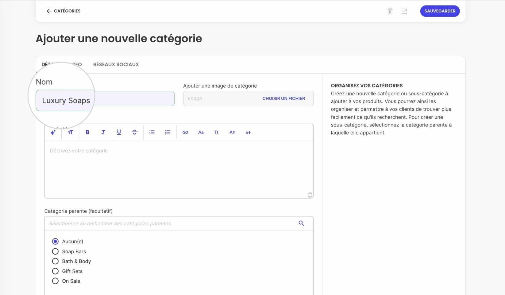 Champ de nom de catégorie dans l'éditeur de catégories de SiteGround Ecommerce