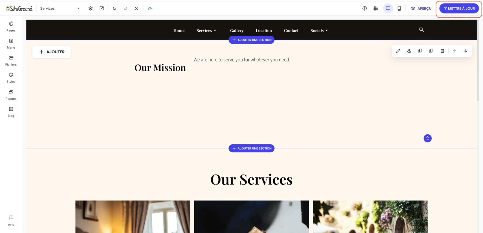 La page Services mise à jour avec une nouvelle section Nos Services et un slogan descriptif.