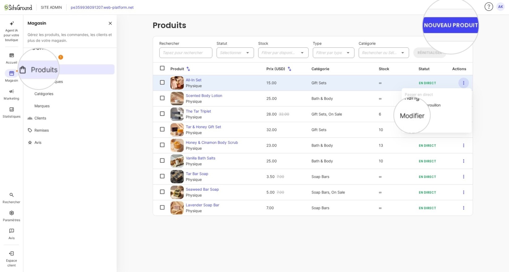 Modification ou création d'un nouveau produit dans SiteGround Ecommerce