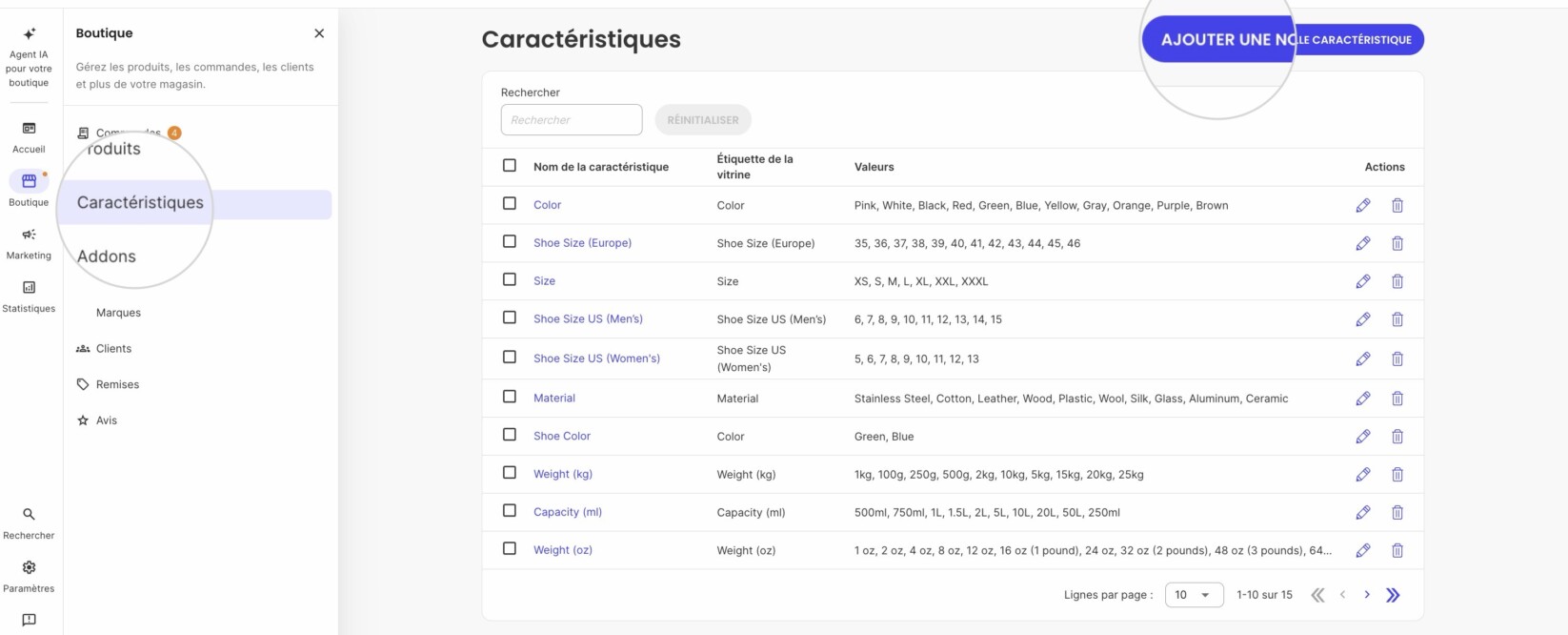 Bouton Ajouter une nouvelle caractéristique dans la section Caractéristiques de SiteGround Ecommerce