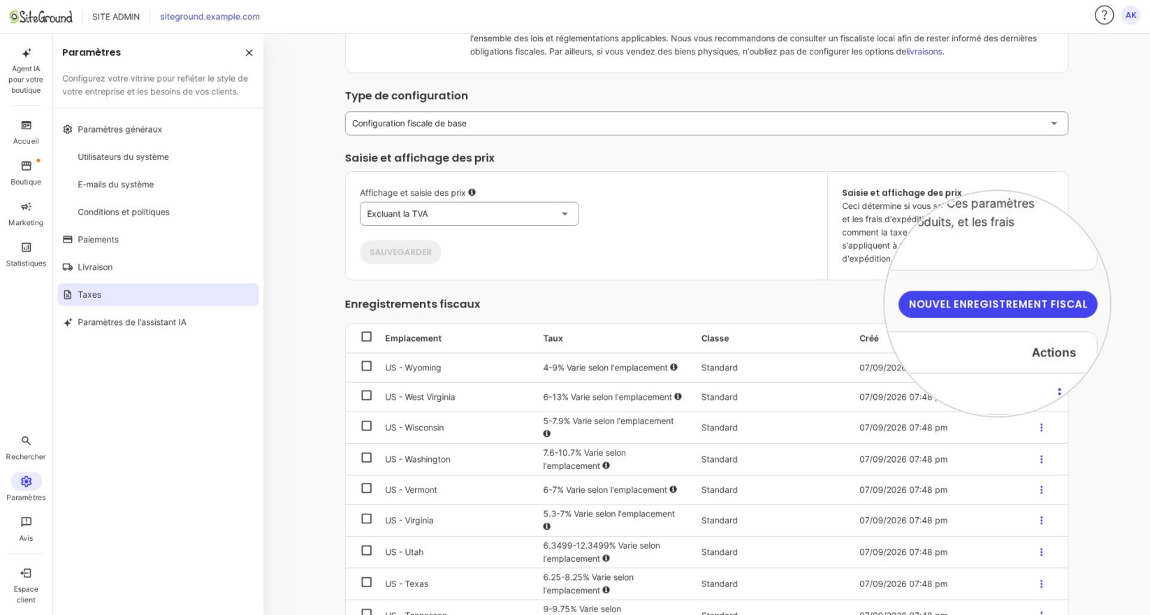 Page des taxes SiteGround Ecommerce avec 'Configuration fiscale de base' sélectionnée. Option 'Entrée et affichage des prix' sur 'HT', bouton Enregistrer grisé. Bouton violet 'Nouvel enregistrement' en évidence.