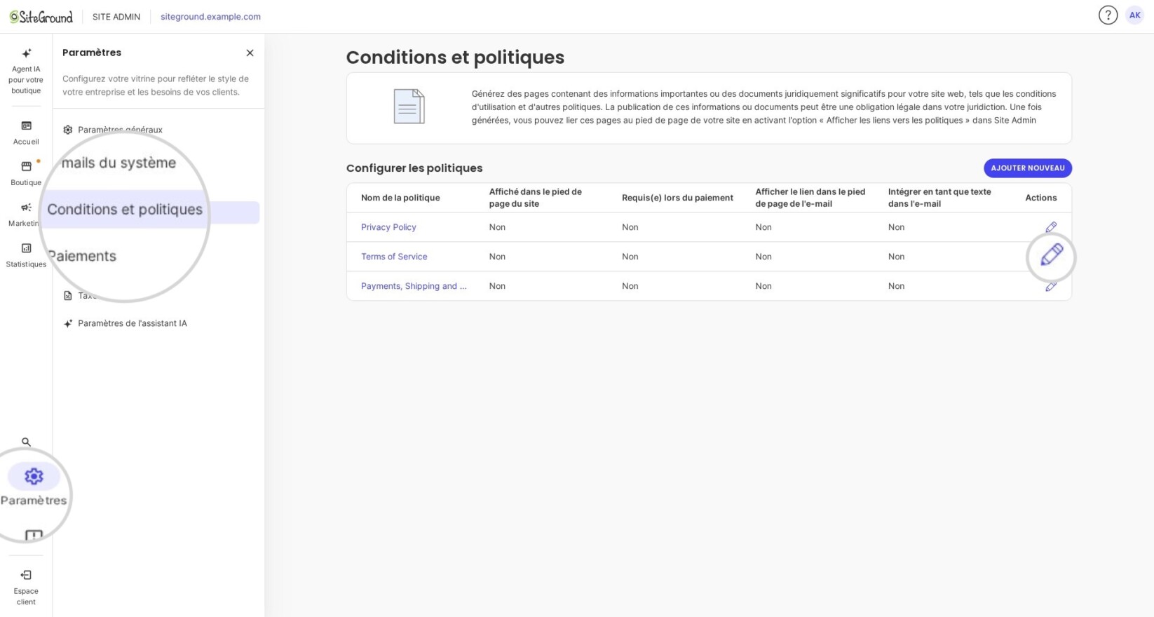 Tableau de bord SiteGround Ecommerce affichant la section Conditions et politiques dans Paramètres. La page répertorie les politiques existantes, y compris la Politique de confidentialité et les Conditions d’utilisation, avec des options pour en ajouter ou en modifier.