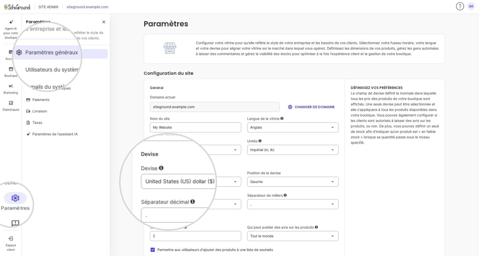 Paramètres de la devise dans SiteGround Ecommerce