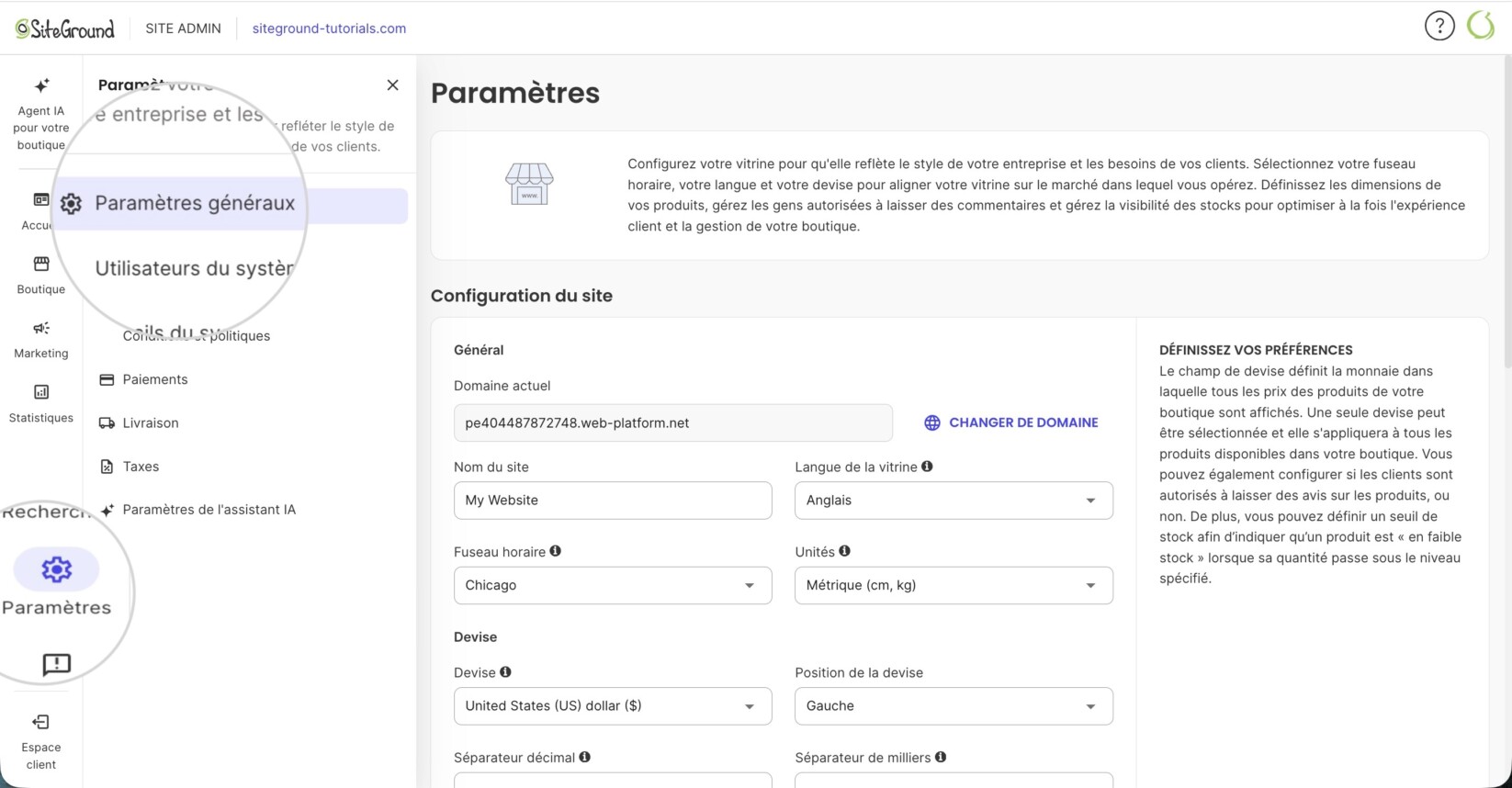 Page des paramètres du magasin dans SiteGround Ecommerce
