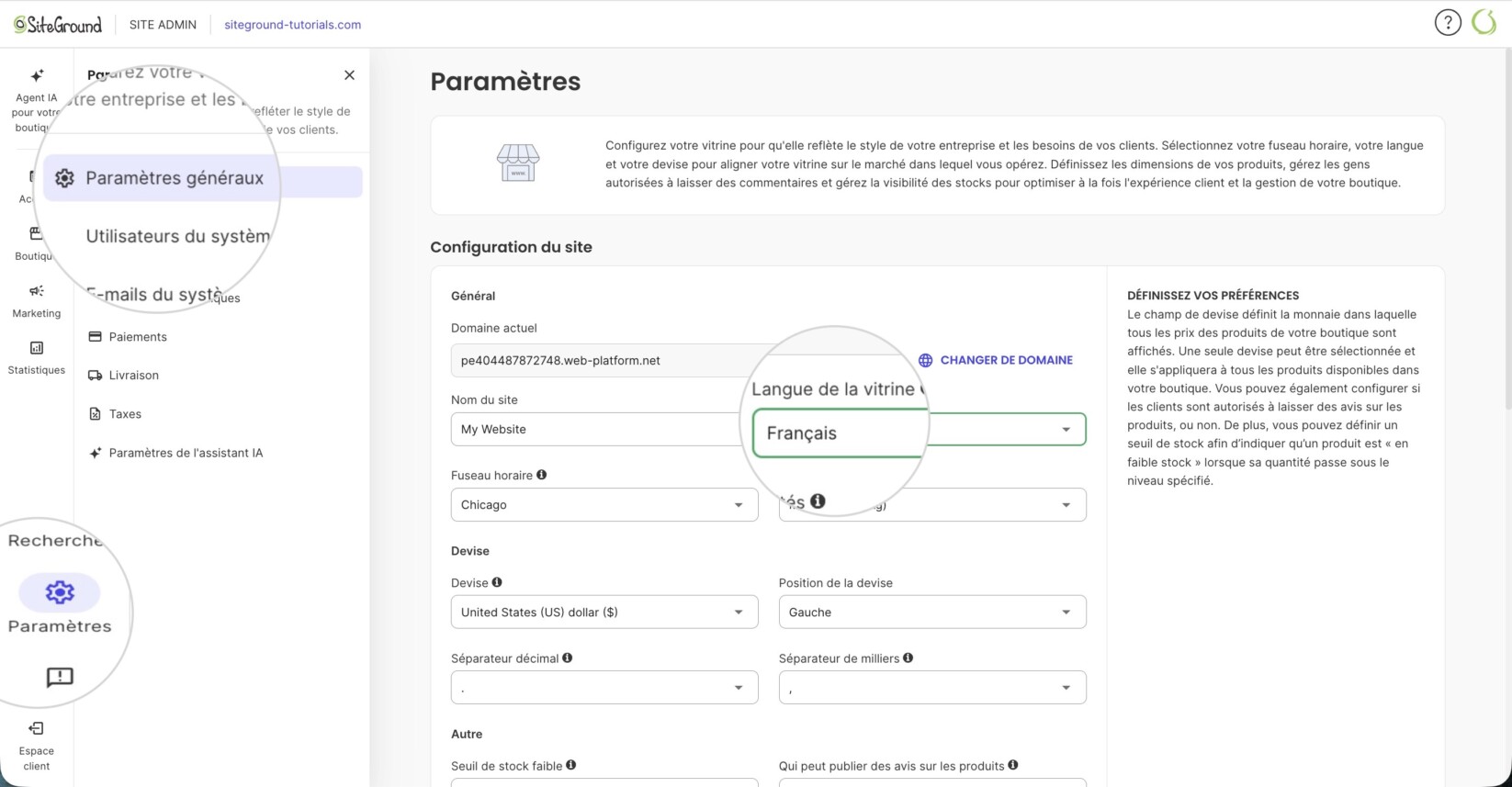 Paramètres de la langue de la vitrine dans SiteGround Ecommerce