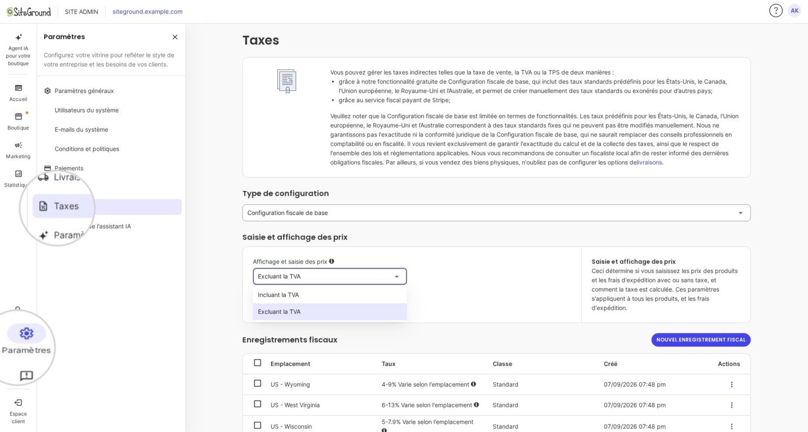 Page de configuration des taxes dans SiteGround Ecommerce avec 'Configuration fiscale de base' sélectionnée. Menu 'Entrée et affichage des prix' ouvert avec options 'TTC' et 'HT'. Bouton violet 'Nouvel enregistrement' visible dans la section Enregistrements.