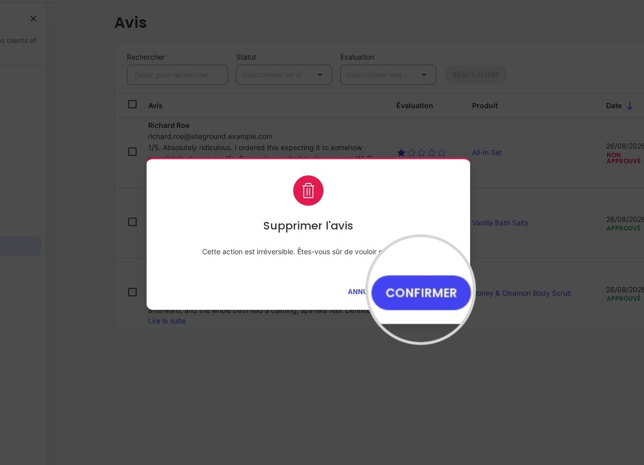 Fenêtre pop-up de confirmation pour la suppression d'un avis produit