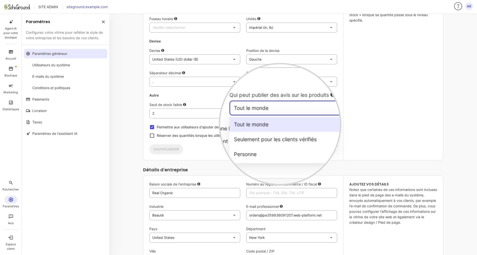 Menu déroulant avec options pour autoriser ou désactiver les avis produits