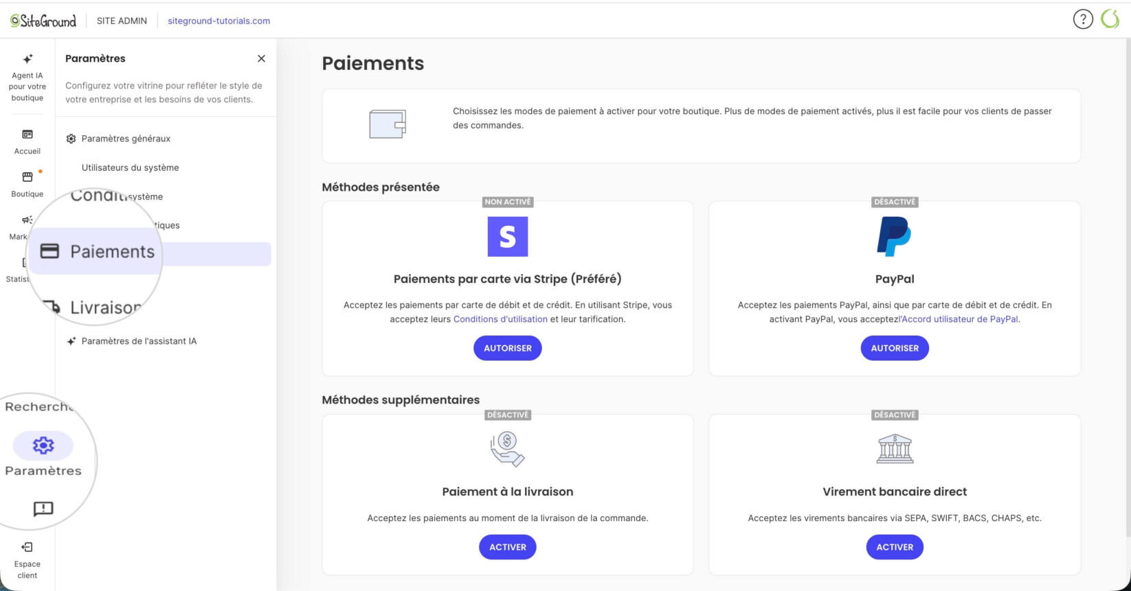 Section Paiements dans SiteGround Ecommerce