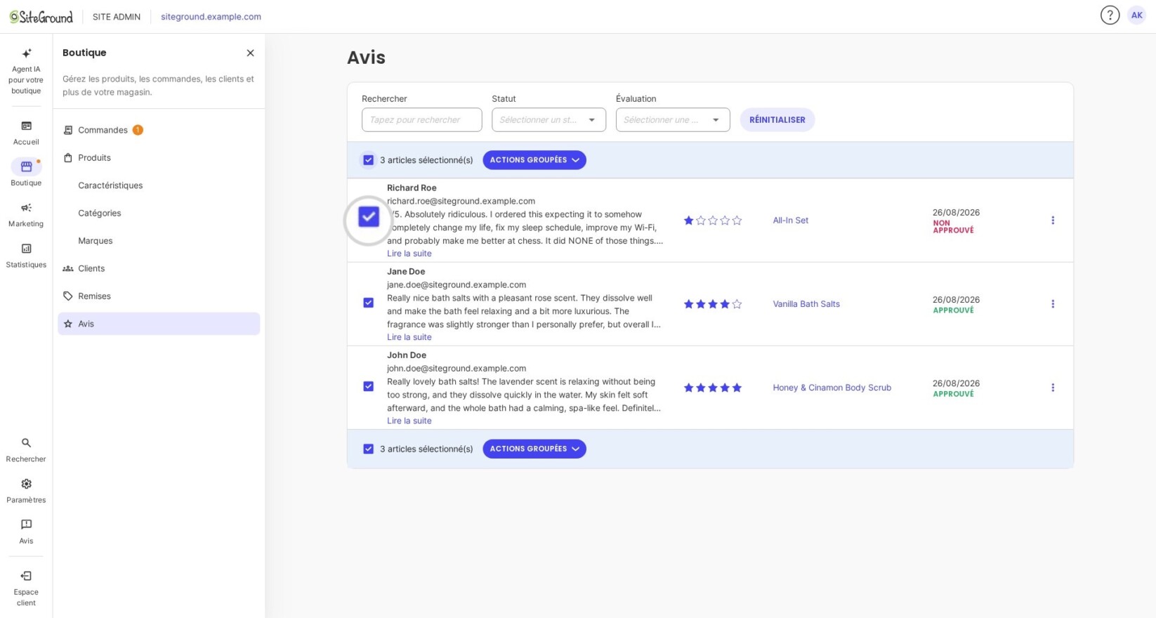 Bouton Actions groupées dans la gestion des avis