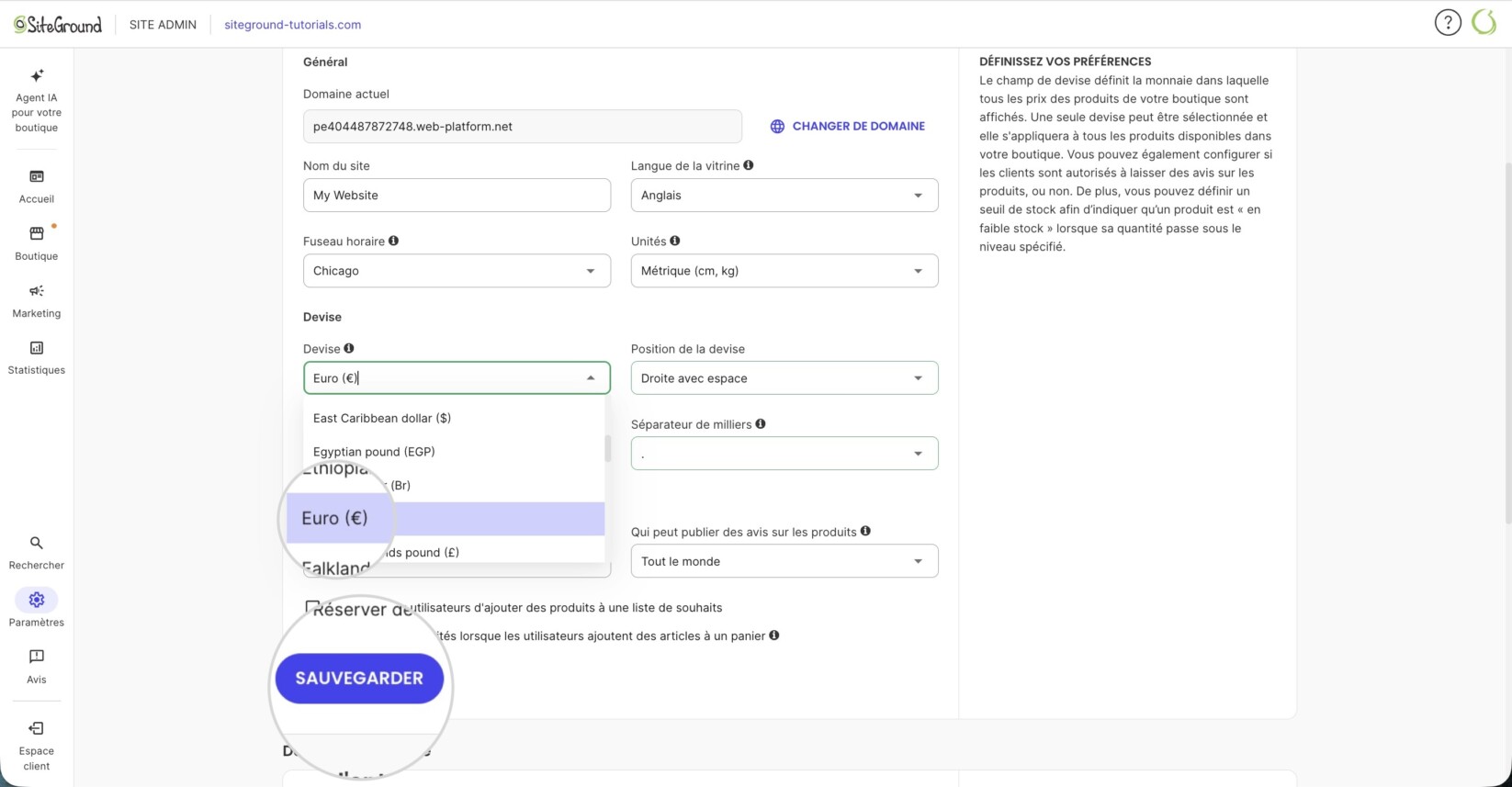 Menu déroulant pour sélectionner la devise dans SiteGround Ecommerce