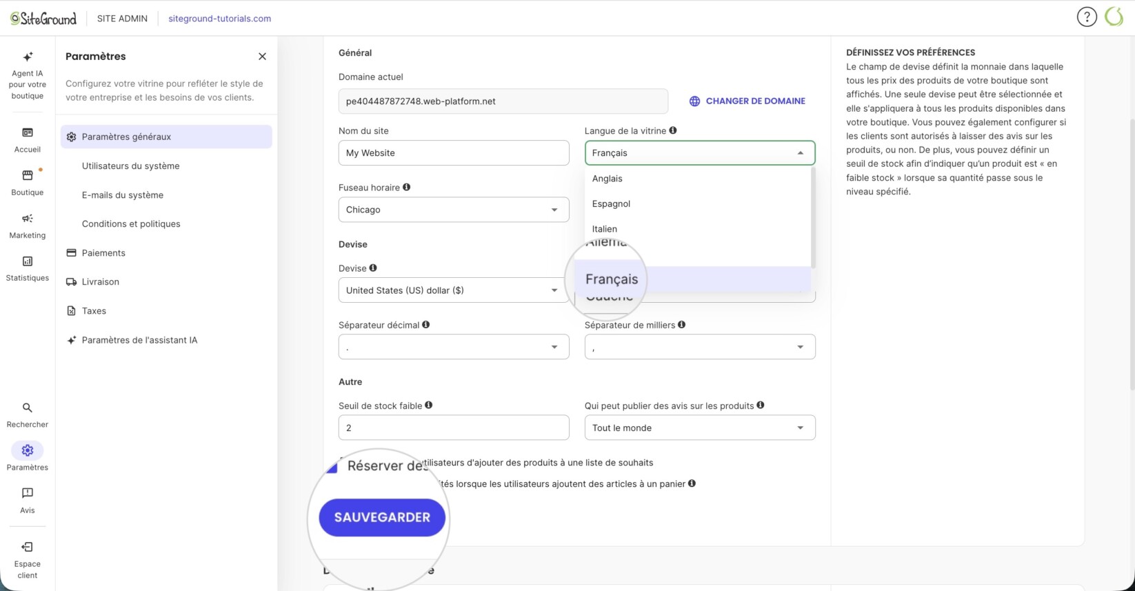 Menu déroulant pour sélectionner la langue de la vitrine dans SiteGround Ecommerce