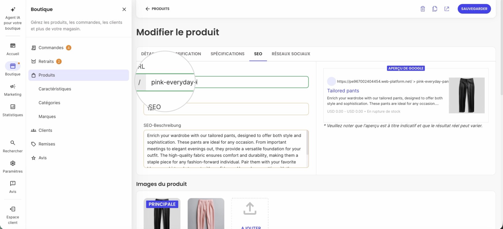 Enregistrement d'un slug d'URL de produit dans SiteGround Ecommerce