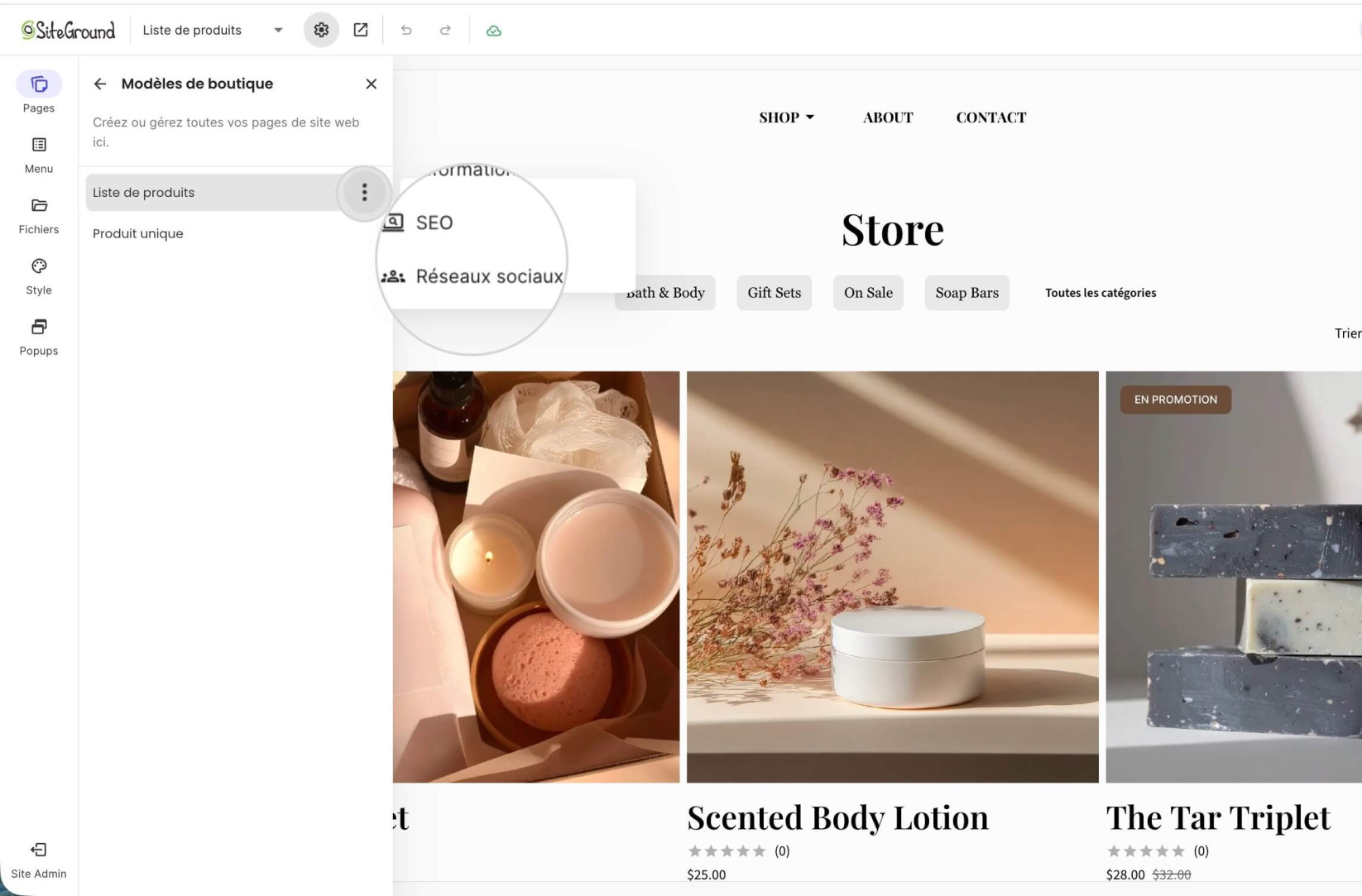 Menu des paramètres de la Liste de Produits avec les paramètres SEO et Social mis en évidence