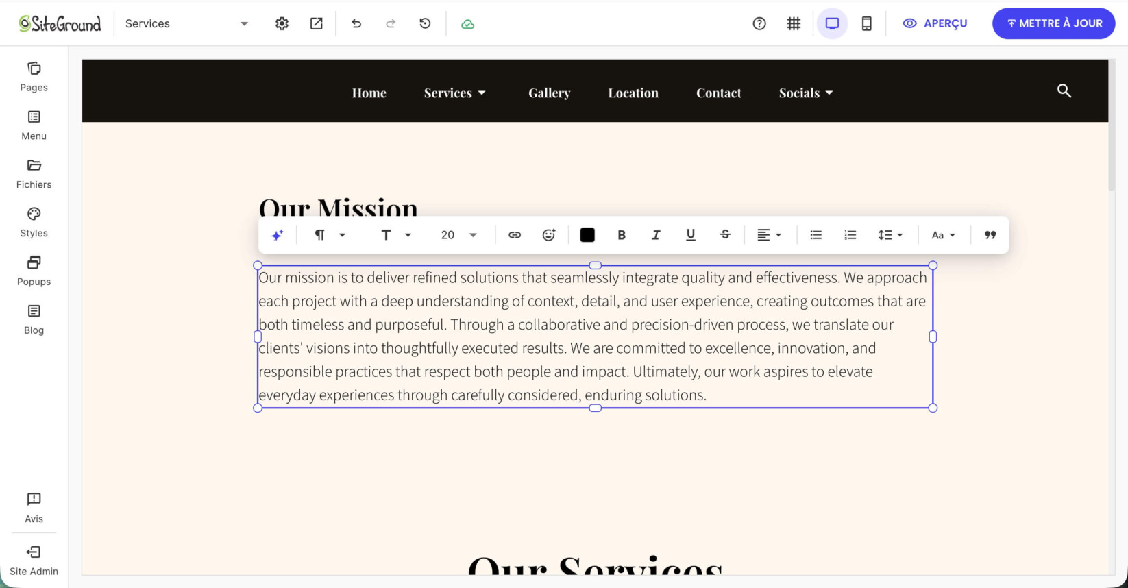 Personnalisation du texte de l'énoncé de mission pour mettre l'accent sur des solutions raffinées et une intégration de qualité.